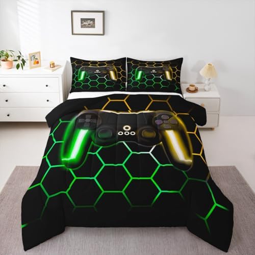 Erosebridal Gaming Bedding Sets for Boys Twin Gamer Comforter Sets with Glitter Honeycomb Printed,Neon Light Game Console Quilted Duvet,Geometric Honeycomb Diamond Down Alternative Comforter 2pcs