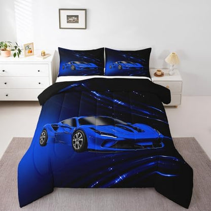 Feelyou Boys Blue Race Car Bedding Set Toddle Size Speed Sports Car Comforter Set for Kids Teens Adult Fast and Furious Duvet Set Blue Ombre Quilt Set 2Pcs