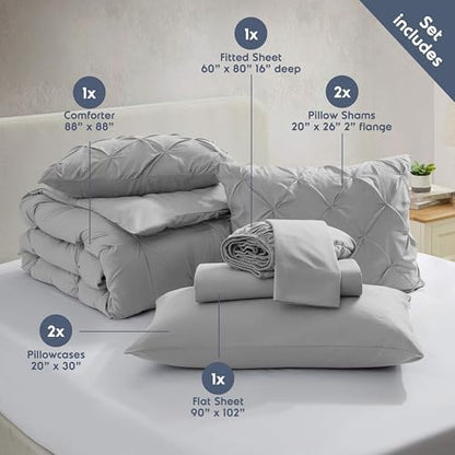 Nestl 9 Piece Queen Comforter Set – Light Grey Pinch Pleated Bed in a Bag – Complete Queen Size Bedding Set with Sheets, Set of 2 Cooling Pillows, Pillowcases and Shams