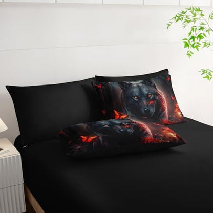 AILONEN Boys Wolf Comforter Set Queen,7-Piece Black Wolf Bed in a Bag Printed Bedding Set,Soft Comforter & Fitted Sheet & Flat Sheet & 2 Pillowcases,2 Pillow Shams