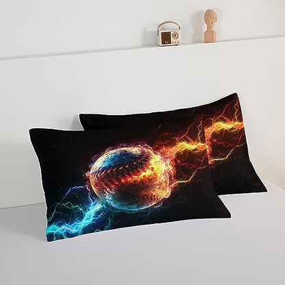 HOSIMA Baseball Comforter for Boys Girls Teens,Flame Lightning Twin Bed in a Bag Sports Themed Bedroom Decor,Dorm Room Essentials for College Students Boys Soft Microfiber Black Comforter.