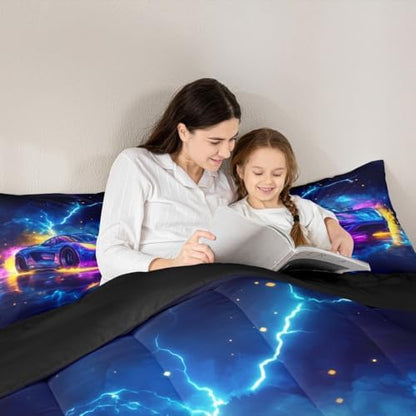 Erosebridal Purple Racing Car Comforter Set King Size,Extreme Sport Games Bedding Sets for Kids Boys Teens,Sports Cars Comforter,Cool Modern Duvet Quilted with 2 Pillowcases,Purple Blue