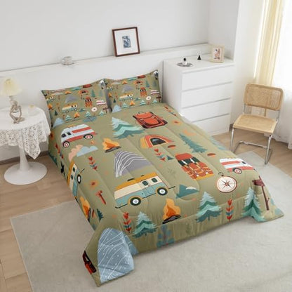 Feelyou Happy Camping Comforter Set for Kids Boys Girls King Size Travel Bag Tent Print Bedding Set Soft Outdoor Themed Duvet Quilt Travel Trailers Comforter Camping Gifts Duvet Quilt