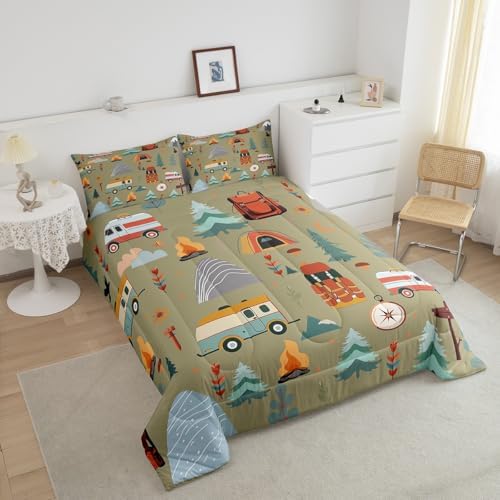 Feelyou Happy Camping Comforter Set for Kids Boys Girls Full Size Travel Bag Tent Print Bedding Set Soft Outdoor Themed Duvet Quilt Travel Trailers Comforter Camping Gifts Duvet Quilt