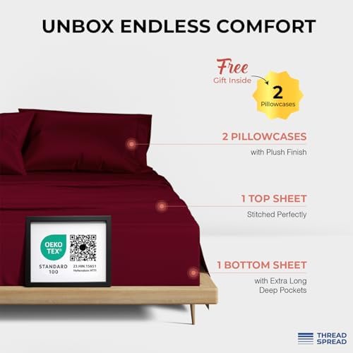 THREAD SPREAD 100% Egyptian Cotton Sheets California King Size - 1200 Series Plush Collection Cal King Size Sheets Set, 4 PC Luxury Bedsheet (Burgundy), Soft, Cooling, 17" Deep Pocket Bedsheet Set