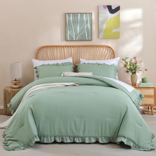 JANZAA Sage Green Comforter Set California King, Ruffle Soft Bedding