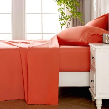 ROSE&RISY Orange Red Full Sheet Set, 4 Pieces Soft Bedding Sheet Set, Breathable and Cooling Sheet Bed Set,Includes 1 Fitted Sheet, 1 Flat Sheet, 2 Pillowvcases - Deep Pocket (Orange Red, Full Size)