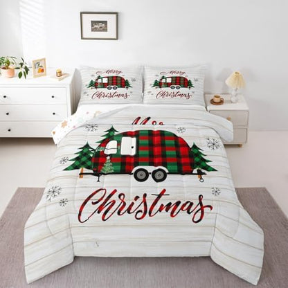 Christmas Camper Comforter Set Full,Rustic Farmhouse Bedding Set for Kids Girls Adults Room Decor,Colorful Xmas Camping Car Quilt Set Cartoon Outdoor RV Traveling Duvet Insert,2 Pillowcases