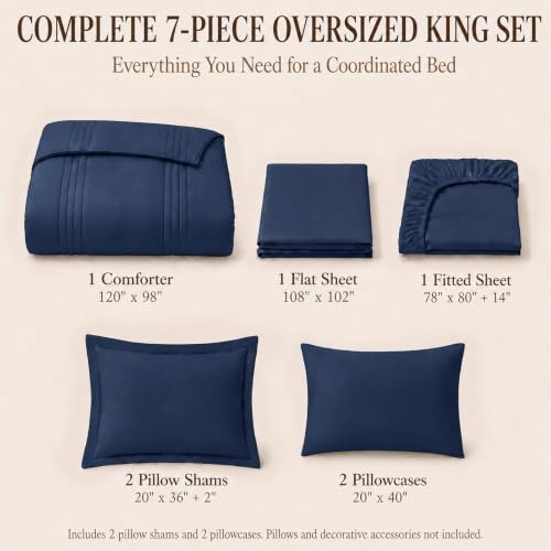 CozyLux Oversized King Comforter Set Navy Blue- 7 Pieces Bed in a Bag
