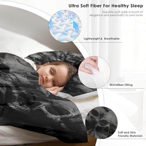 Pamnest Comforter Set Full Size, Skull Skeleton Soft 3 Pcs Bedding for Kids and Adults, Spooky Horror Gothic Comforter Set with 2 Pillowcases, for Bedroom Bed Decor