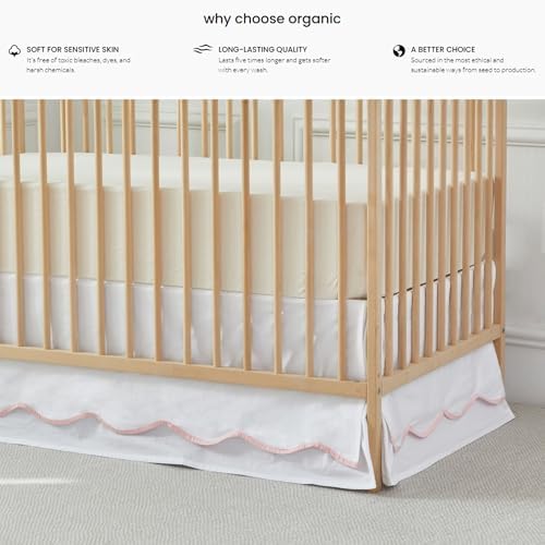 Brandream Scallop Edge Cotton Crib Skirt Toddler Bedskirt Baby Nursery Crib Bed Skirt Double Layer Boho Bohemian Neutral Solid Color Cream Off White with Pink Edge Farmhouse Chic Skirt