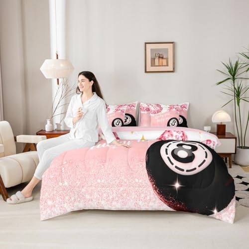 Erosebridal Girls Leopard Bow 7 Piece Bedding Set Twin,Pink Fashion Y2K Preppy Comforter Set Cheetah Print Lucky 8 Ball Bed in A Bag with Sheets for Kids Teen Adults,Girly Coquette Bowknot Bed Set
