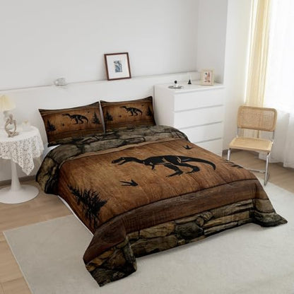 Manfei Dinosaur Kids Comforter Set Queen Size, Wild Animal Bedding Set for Boys Adults Bedroom Decor, Rustic Farmhouse Brown Wooden Plank Down Comforter, Soft Polyester Quilt Set, 2 Pillowcases