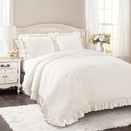 Lush Decor Reyna Ruffle Comforter Set - 3 Piece Cozy Ruffled Bedding Set - Timeless Elegance and Comfort for Dorm Room - Full/ Queen, White
