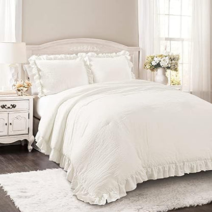 Lush Decor Reyna Ruffle Comforter Set - 3 Piece Cozy Ruffled Bedding Set - Timeless Elegance and Comfort for Dorm Room - Full/ Queen, White