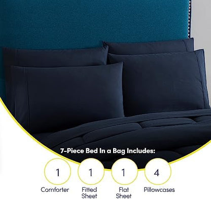 Sweet Home Collection 7 Piece Comforter Set Bag Solid Color All Season Soft Down Alternative Blanket & Luxurious Microfiber Bed Sheets, Navy, Queen