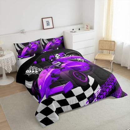 Go Kart Toddler Race Car Bed for Boys,Black and White Buffalo Plaid Drift Kart Comforter Set Toddler Bedding Sets for Boys,Square Grid Lattice Quilt,Purple Karting Extreme Sport Duvet Insert King