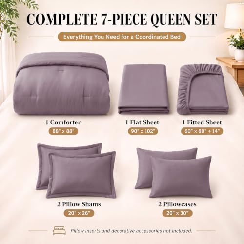 CozyLux Queen Comforter Set Dusty Purple, 7 Pieces Bed in a Bag