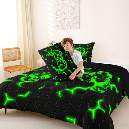 Erosebridal Gamer Comforter Set for Boys & Teens - Geometric Honeycomb Hexagon Pattern - Twin Size Gaming Bedding Set - Green & Black Duvet Set