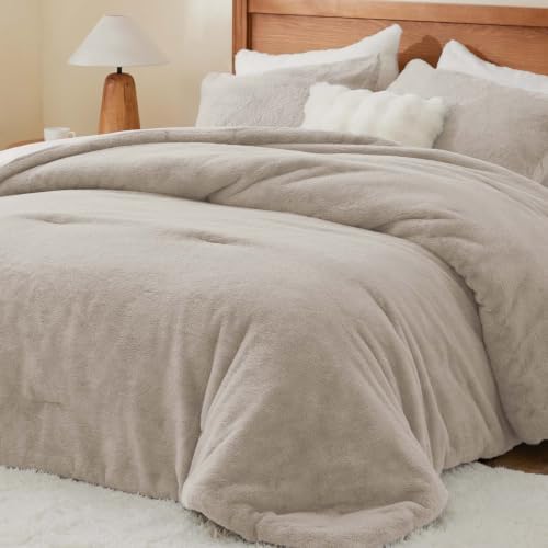BEDELITE Faux Fur King Comforter Set Taupe,Warm Bedding with 2 Pilowcases