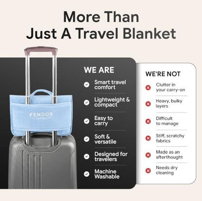 2-in-1 Travel Blanket and Pillow – Lightweight, Compact, Ultra Soft, Machine Washable – Handle, Luggage Sleeve, Backpack Clip – for Travel Airplane, Car, Office (Light blue)
