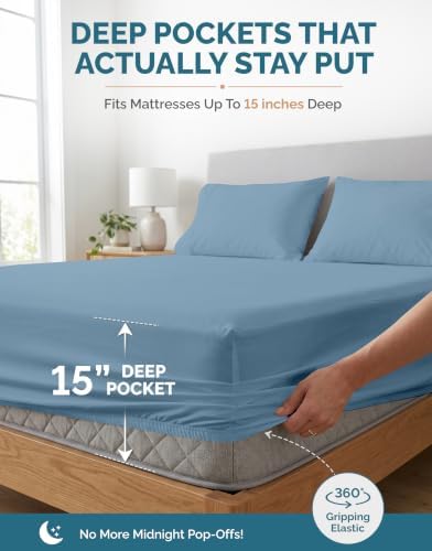 Casa Platino Sheet Set Split King Size – 100% Cotton Bed Sheets Split King with 4 Pillowcases, Ultra Soft & Cozy, with 15" Deep Pocket Fitted Sheet, Perfect Everyday Sheets – Blue Heaven