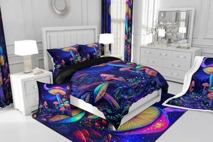 jejeloiu Cute Mushroom Comforter Set Full Size Kids Cartoon Mushrooms Bedding Set Boys Girls Kawaii Fungus Decor Duvet Breathable Starry Night Sky Quilt Bedroom Decor,1 Comforter with 2 Pillowcase