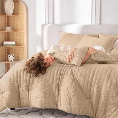 MUXHOMO 7 Pieces Oversized Queen Comforter Set, Seersucker Bed in a Bag Oversized Queen Size, All Season Luxury Bedding Set with Comforter, Flat Sheet, Fitted Sheet, Pillowcases & Shams, Khaki