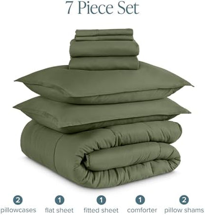Bare Home Bed-in-A-Bag 7 Piece Comforter & Sheet Set - Full - Goose Down Alternative - Ultra-Soft 1800 Premium - Bedding Set (Full, Cypress/Cypress)