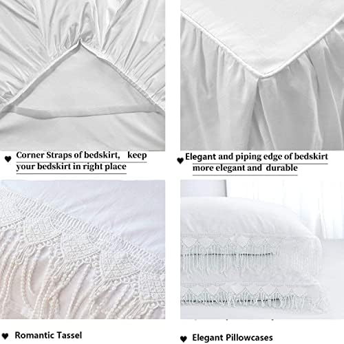 FADFAY 4 Piece Boho Duvet Cover Set Twin Size, Bohemian Chic Cotton Bedding with Bed Skirt, Elegant Tassel Accents, Pure White