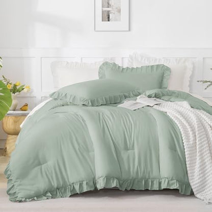 Andency Green Ruffle Comforter Oversized Queen, 3 Pcs Solid Farmhouse Bed