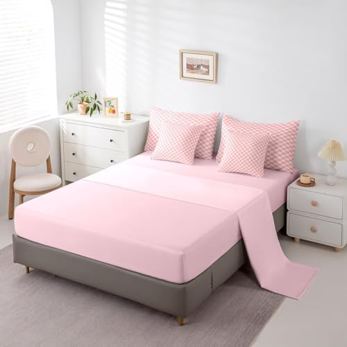 jejeloiu Pink Plaid Bedding Set 7Pcs Queen Size Kids Checkered Comforter Set with Sheets for Boys Girls Classic Grid Buffalo Check Bed in a Bag Soft Lightweight,Microfiber