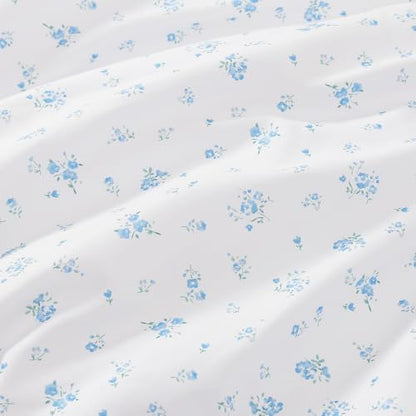 Andency Blue Floral Ruffle Comforter Queen, Flower Printed Bedding Set