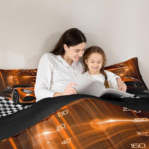 Erosebridal Orange Race Car Comforter Set for Teen Boys,Glitter Ombre Line Art Bedding Set Neon Light Sports Car Dashboard Quilt Full,Black and White Grid Lattice Buffalo Plaid Decor