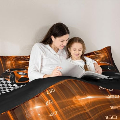 Erosebridal Orange Race Car Comforter Set for Teen Boys,Glitter Ombre Line Art Bedding Set Neon Light Sports Car Dashboard Quilt Full,Black and White Grid Lattice Buffalo Plaid Decor