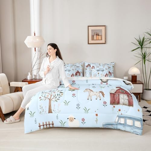 Erosebridal Farm Animal 7 Piece Comforter Set Twin Cartoon Tractor Kids Bed in A Bag for Boys Girls Rustic Barn Door Bedding Farmhouse Horse Sheep Cow Cartoon Animals Sunflower Floral Sheet Set,Blue