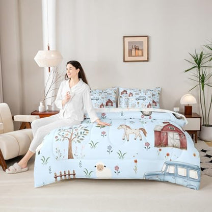 Erosebridal Farm Animal 7 Piece Comforter Set Twin Cartoon Tractor Kids Bed in A Bag for Boys Girls Rustic Barn Door Bedding Farmhouse Horse Sheep Cow Cartoon Animals Sunflower Floral Sheet Set,Blue