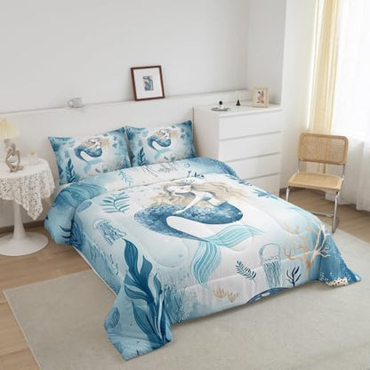 Homewish Cute Mermaid Comforter Set Full Size,Coral Shell Jellyfish Bedding Set 3Pcs for Kids Girls Boys Teens Room Decor,Sea Animals Quilt Set Blue White Watercolor Duvet Insert,2 Pillowcases