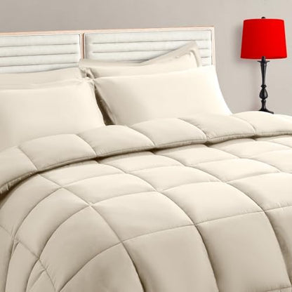 TAIMIT Light Beige Twin Size Comforter Set - 5 Pieces, Bed in a Bag Bedding Sets with All Season Soft Quilted Warm Fluffy Reversible Comforter,Flat Sheet,Fitted Sheet,1 Pillow Shams,1 Pillowcases