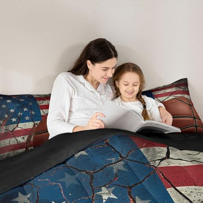 Erosebridal American Flag Comforter Set for Boys, Basketball Duvet Sets Queen Size, Retro Sports Games Bedding Set United States Federations Stars Stripes Duvet Insert for Teens Kids Adult Bedroom