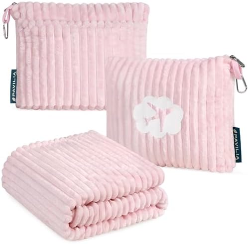 PAVILIA Travel Blanket Pillow, Soft Ribbed Fleece Airplane Blanket, Pink