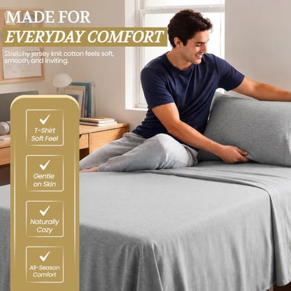 Twin XL Cotton Knit Jersey Sheet Set, 15" Deep Pocket, Light Heather Grey