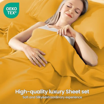 ROSE&RISY Lemon Yellow King Sheet Set, 4 Pcs Soft Bedding King Sheet Set, Breathable and Cooling,Includes 1 Fitted Sheet, 1 Flat Sheet, 2 Pillowcases - Deep Pocket (Lemon Yellow, King)
