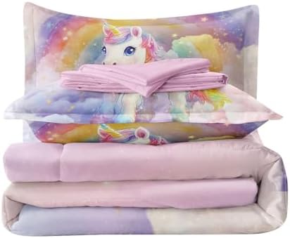 5PCS Unicorn Comforter Sets Full Size,Full Comforter Set for Girls,Cute Unicorn Bedding Bed Set for Kids,Girls,Teens,All Season Use