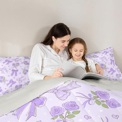 Castle Fairy Purple Bowknot Kids Comforter Set,Romantic Rose Bedding Set All Season,Boys Girls Teens Bedroom Decor,Retro Farmhouse Purple Floral Comforter Toddler Size,1 Pillowcase