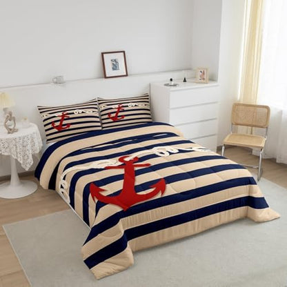 Homewish Red Anchor Comforter Set,Navigation Theme Bedding Set for Kids Girls Women,Adults Navy Stripes Comforter,Nautical Anchor Quilted Duvet Set Bedroom Collection Twin Size 2Pcs