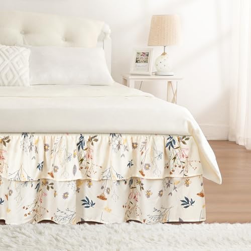 RIMELA Ruffle Bed Skirt Balloon Flower Floral Queen 15 Inch Drop, Elastic Wrap Around Bed Skirting Queen Size, Easy to Install Dust Ruffle, Machine Washable Soft Fabric, Multi Ruffle Bedskirt