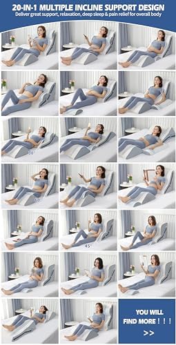 4Pcs Orthopedic Bed Wedge Pillow Set with 4Pcs Replacement Pillowcase, Incline Wedge Pillow for Back Pain Relief/Sleeping/Snoring/Post Surgery/Leg Elevation 20-in-1 Adjustable Memory Foam Wedge Pillow