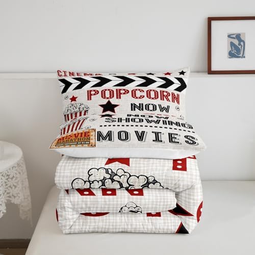 Homewish Movie Theater Comforter Set Queen Size,70's Vintage Cinema Bedding Set 3Pcs for Kids Teens Adult Room Decor,Movie Popcorn Print Down Comforter Retro Red Black Duvet Insert,2 Pillowcases
