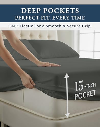 LANE LINEN Bed Sheets Queen Size Sateen Weave - Dark Grey Swiss Dot
